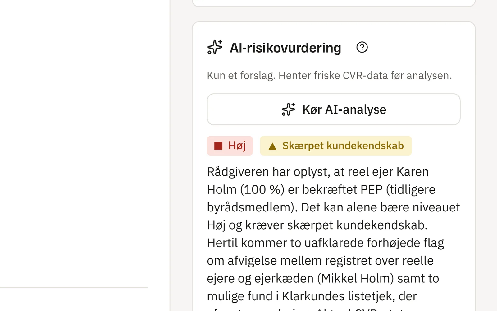 AI-risikovurdering i Klarkunde med forslag til niveau, begrundelse og risikofaktorer