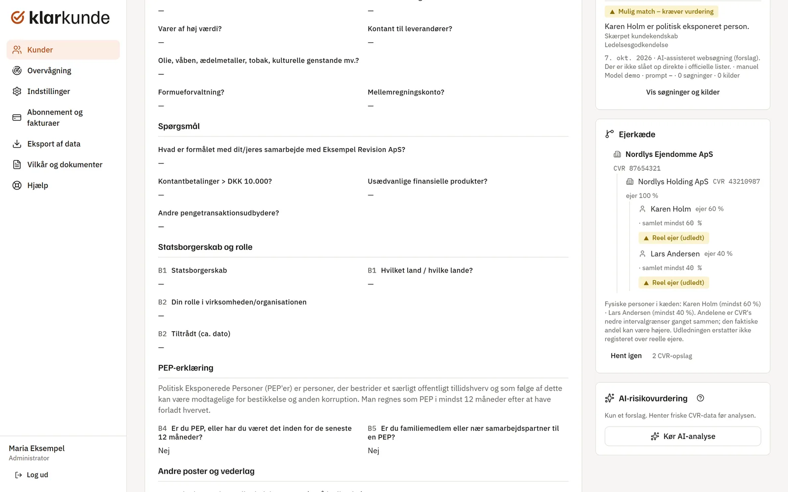 Kundesag med virksomhedsdata fra CVR og ejerkæden gennem et holdingselskab til de reelle ejere med ejerandele