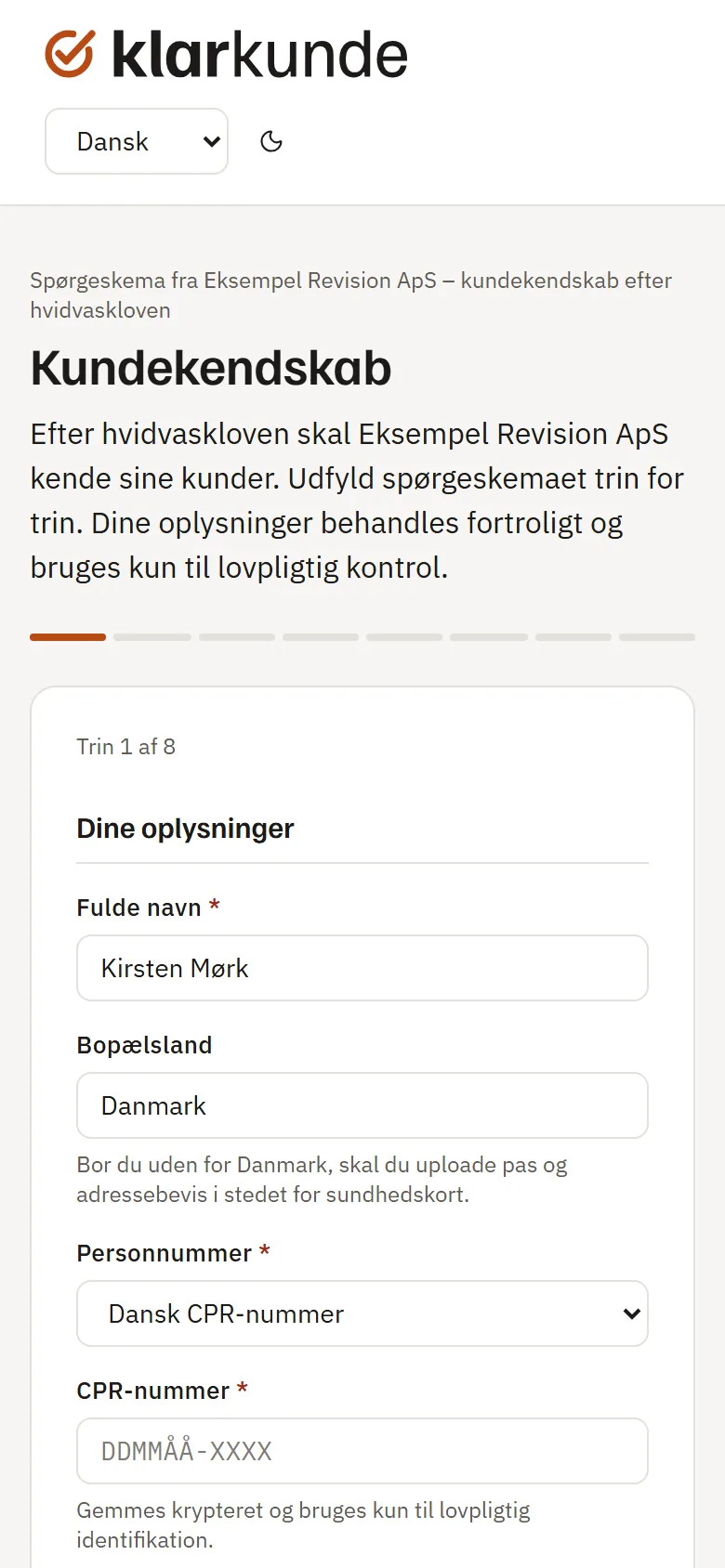 Kundeportalen på mobil, hvor kunden udfylder spørgeskemaet og kan bruge MitID