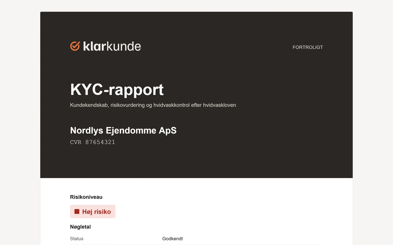 Første side af en KYC-rapport fra Klarkunde som PDF med risikoniveau, nøgletal og kilder